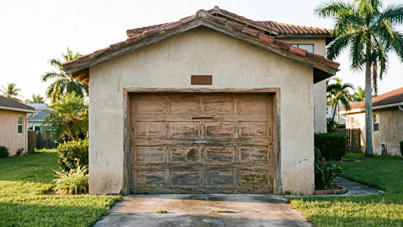 The garage door is old, wooden, and peeling, on a stucco garage.