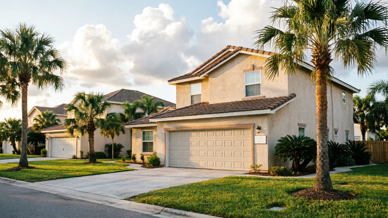 The house has a beige garage door with square panels.